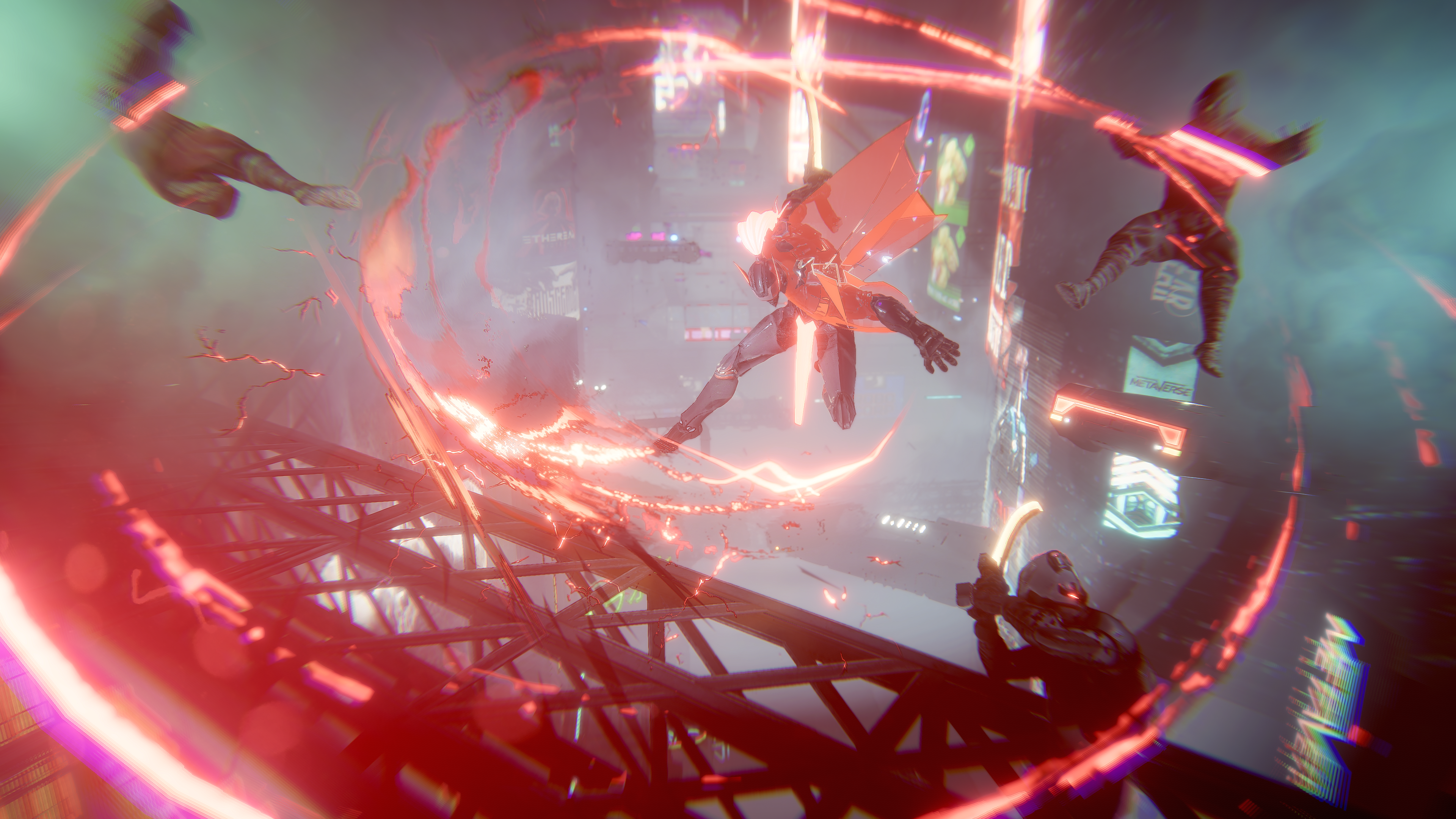 Fragmented Echoes gameplay showing intense combat with energy weapons